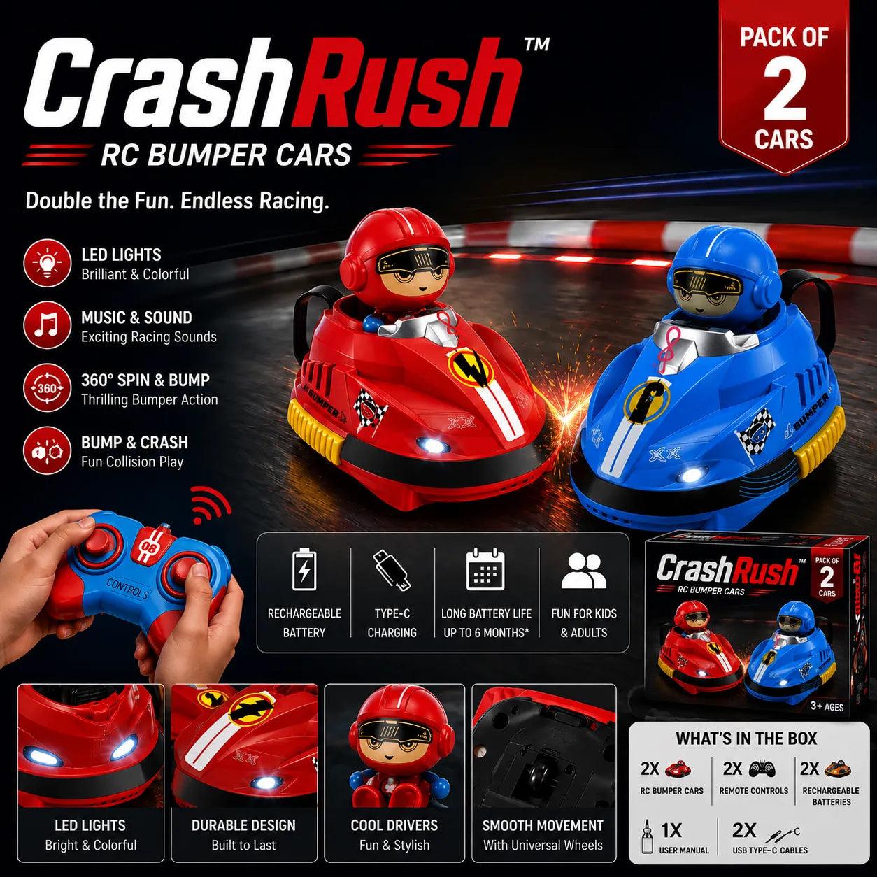 CrashRush RC Bumper Cars - Lights, Music & Real smoke – Interactive Battle Fun for All Ages