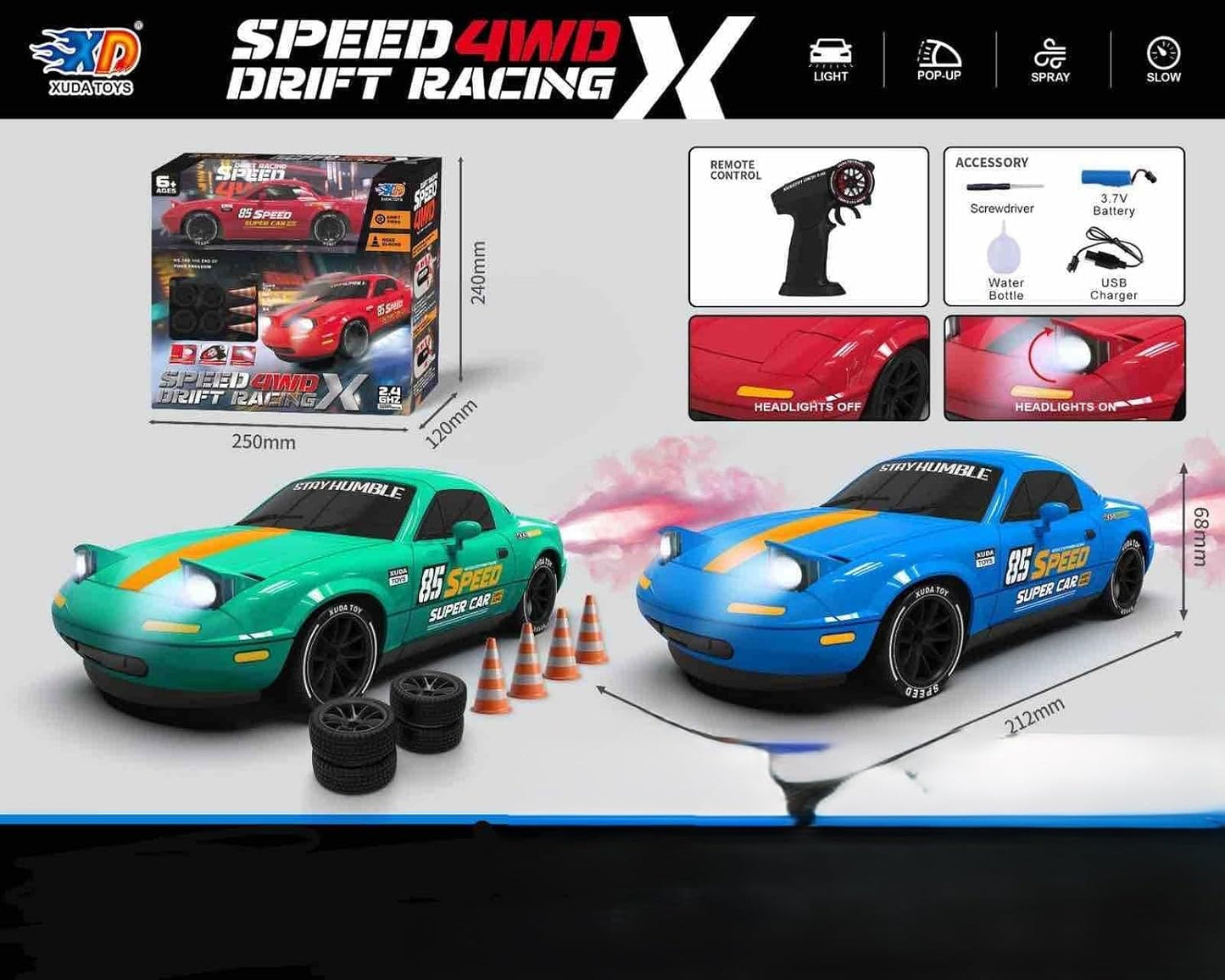 DriftX 4WD RC Drift Car – High Speed Remote Control Racing Car with LED Lights, Proportional Control & Rechargeable Battery
