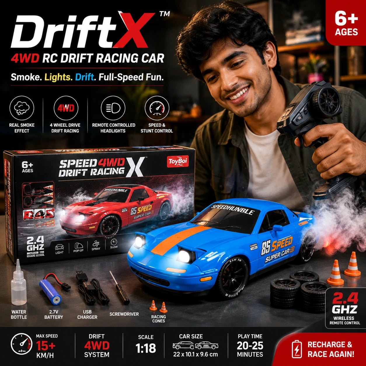 DriftX 4WD RC Drift Car – High Speed Remote Control Racing Car with LED Lights, Proportional Control & Rechargeable Battery