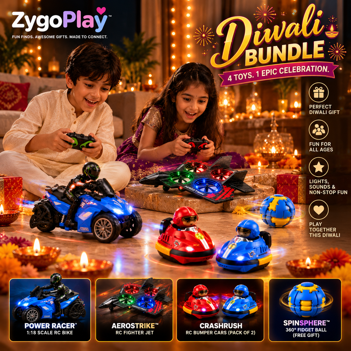 ZygoPlay Ultimate Diwali Fun Bundle – 3 Toys + 1 FREE Gift