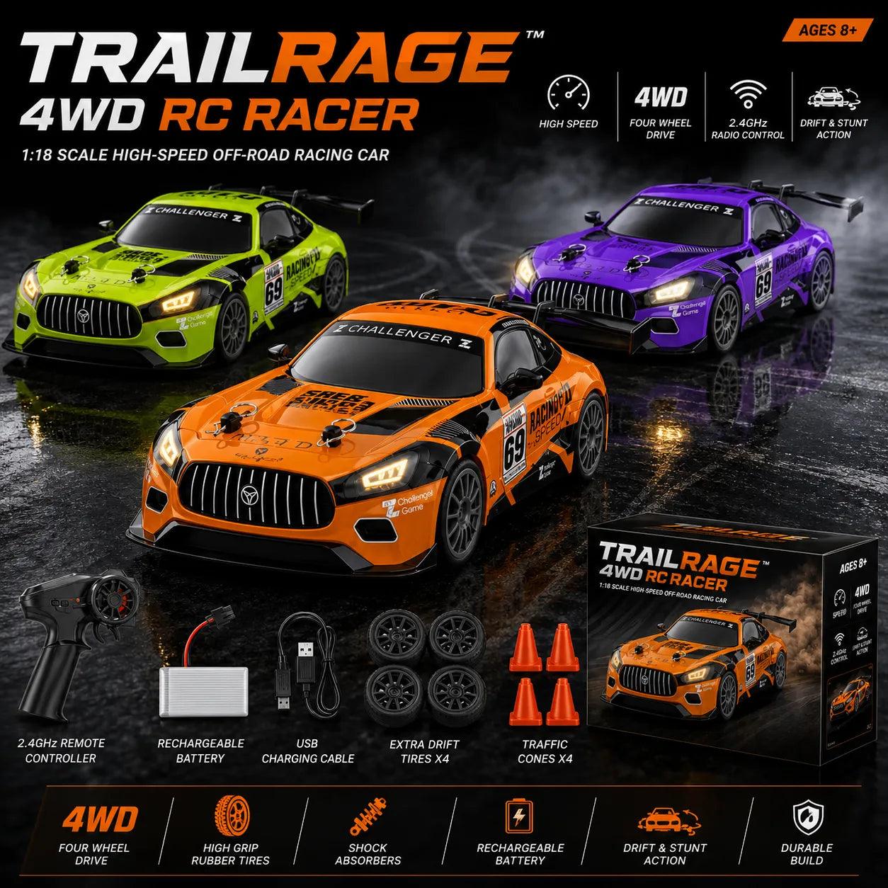 TrailRage™ 4WD RC Racer – 1:18 Scale High-Speed DriftRacing Car