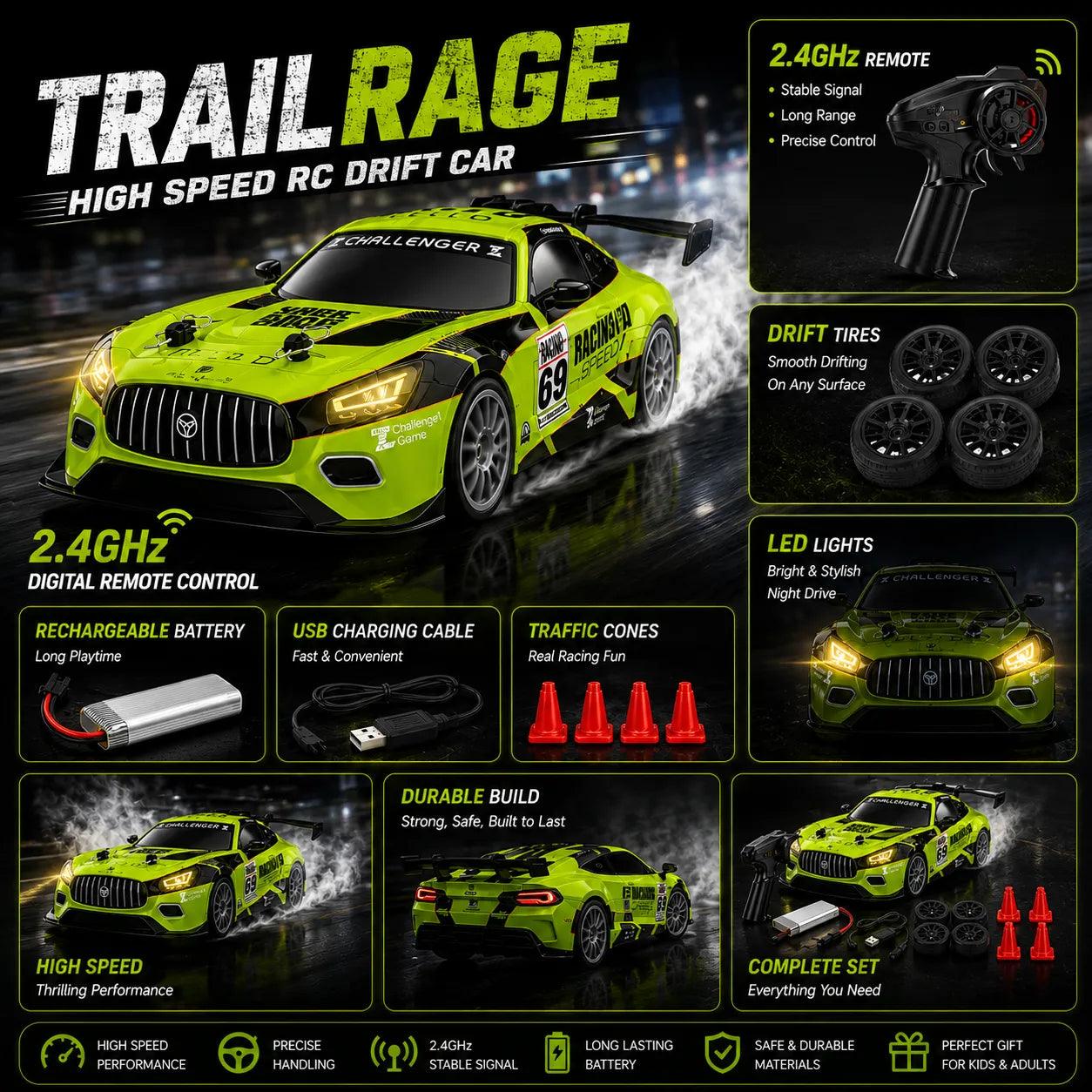 TrailRage™ 4WD RC Racer – 1:18 Scale High-Speed DriftRacing Car