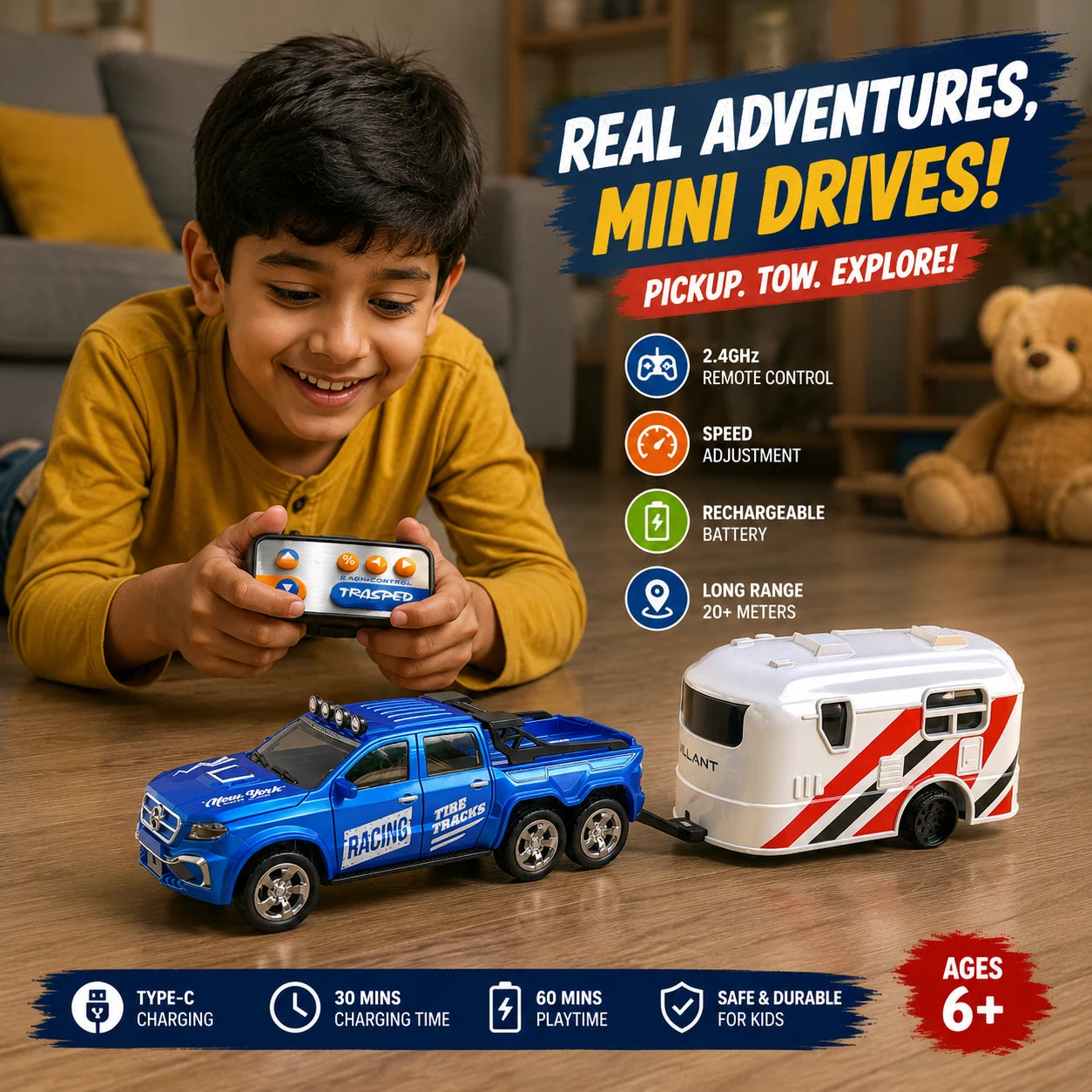 TrailBlazer™ RC Pickup Truck with Camper - Adventure starts behind the wheel! 🏕️
