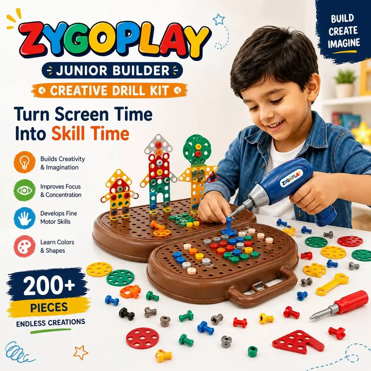 Zygoplay Junior Builder - 203-Piece Creative Drill & Build Kit