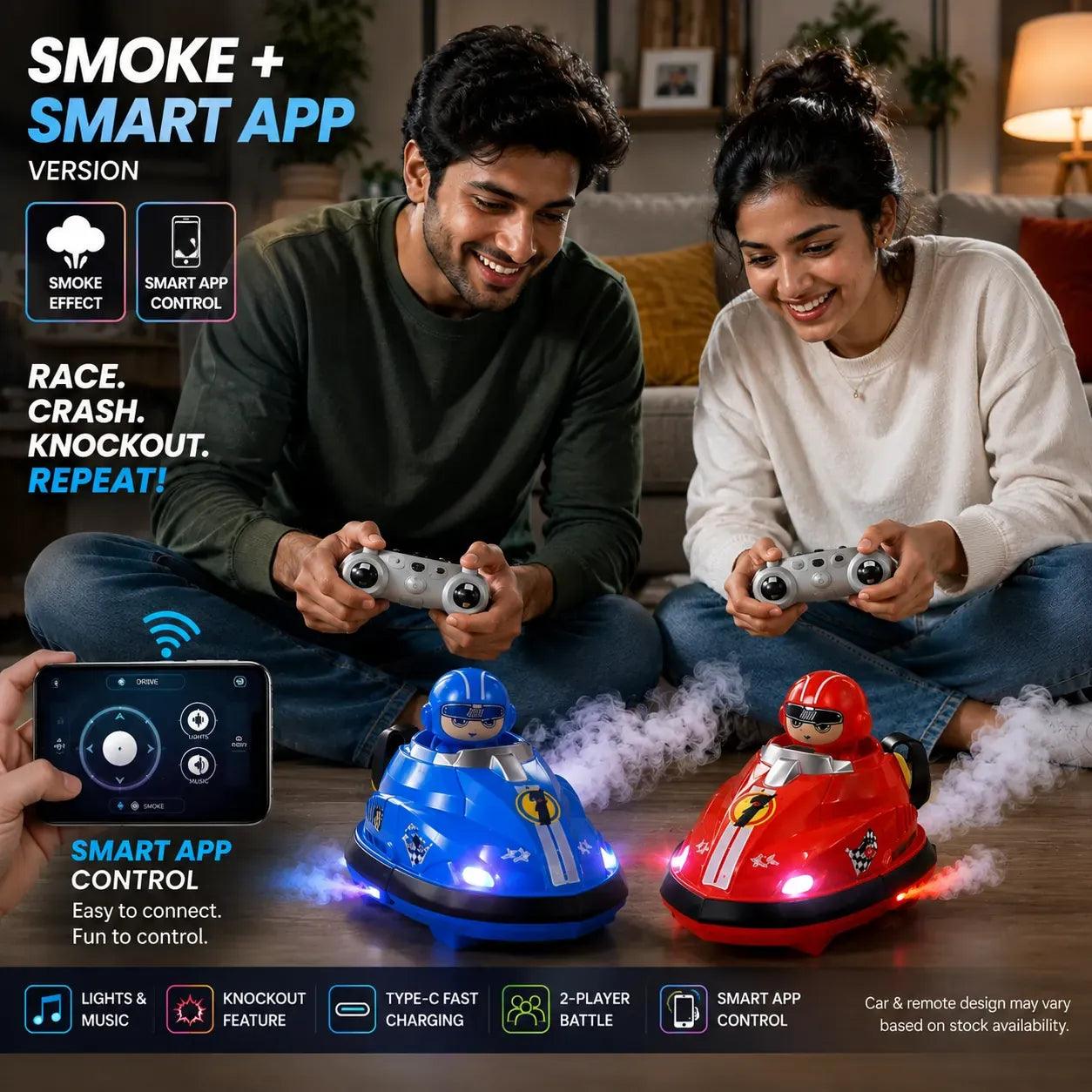 CrashRush RC Bumper Cars - Lights, Music & Real smoke – Interactive Battle Fun for All Ages